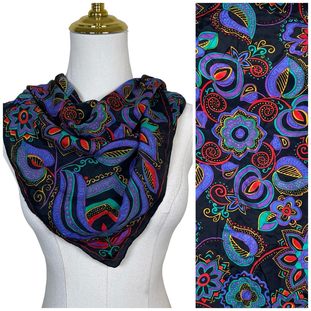 Vintage Square Scarf Black Multicolor Psychedelic Paisley Floral Retro 70s Boho